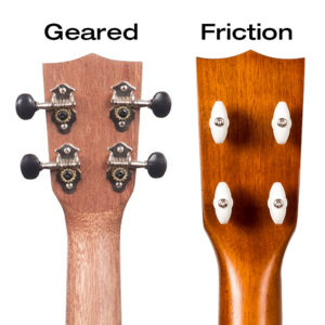 Image of ukulele tuning pegs comparing two sets of tuning pegs - geared vs. friction.