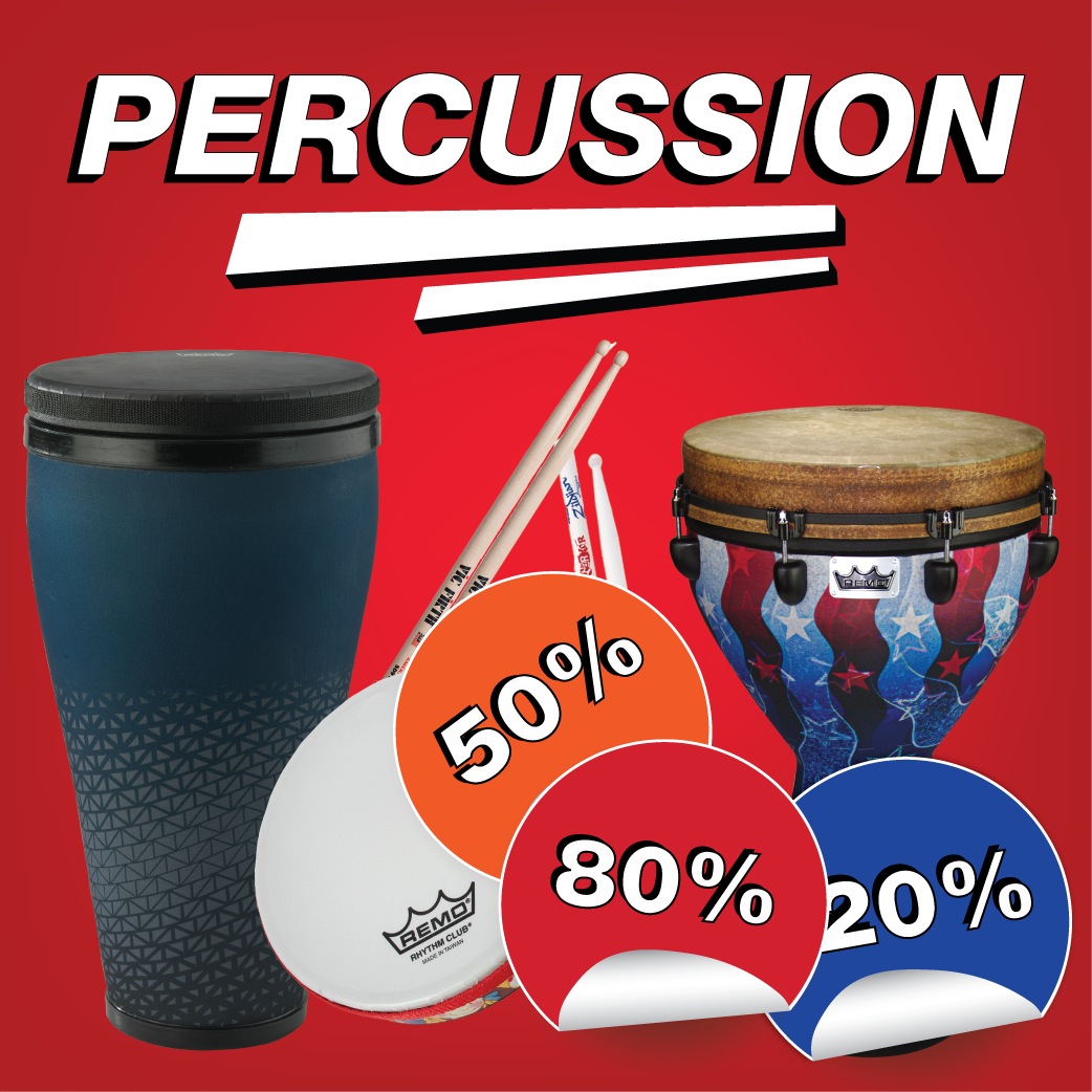Image of various percussion instruments, including a djembe, frame drum, and more, with stickers with 50, 20, and 80% off.