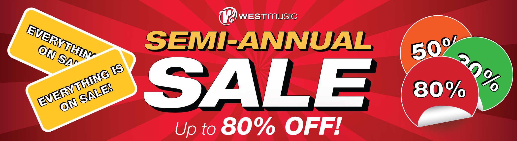 West Music Semi Annual Sale, December 29 through January 13th, 2024. In Stores Only! Discounts up to 80% off, everything is on sale! Products vary by location.