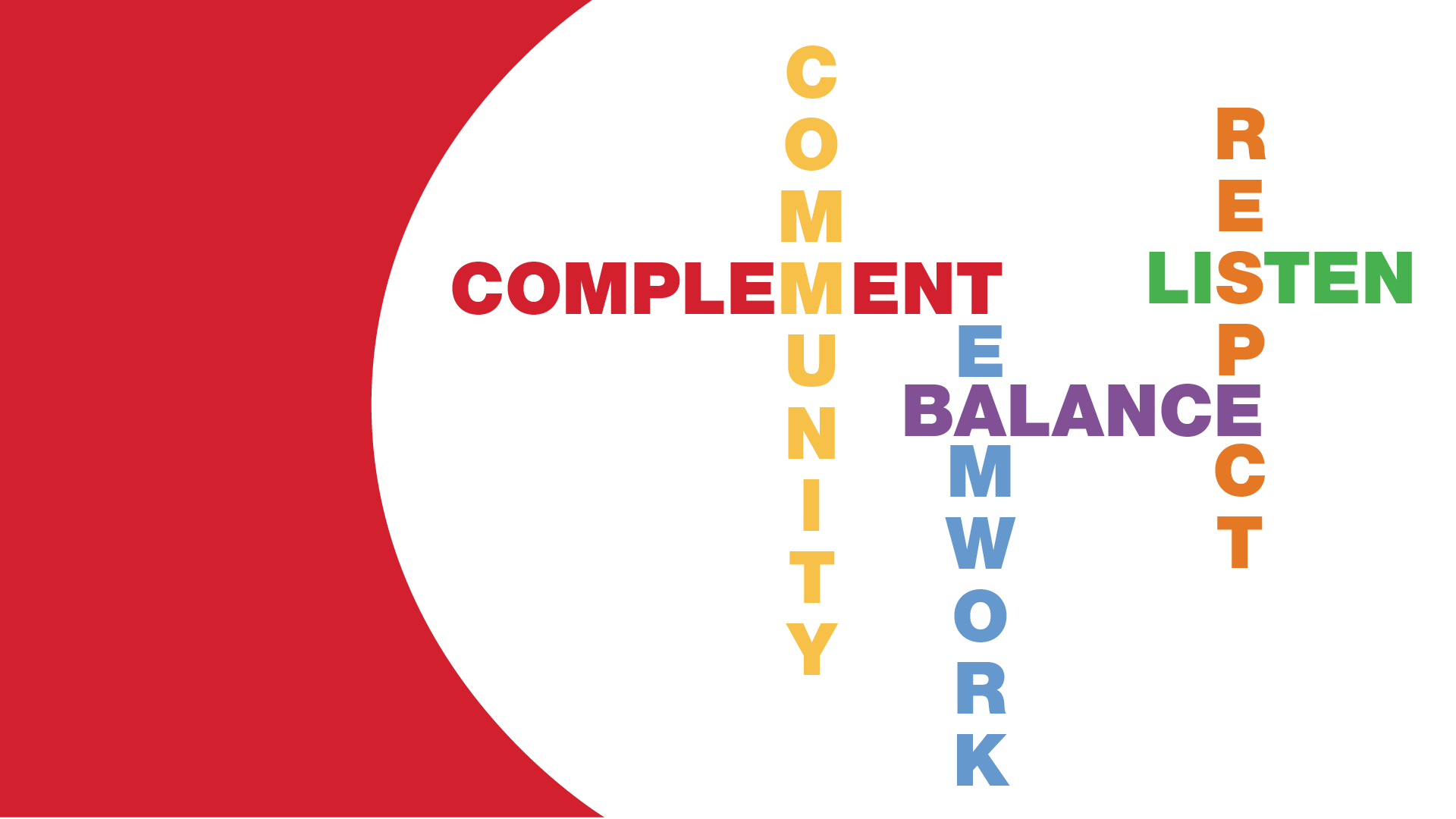 Word cloud with "COMPLEMENT," "COMMUNITY," "TEAMWORK," "BALANCE," "LISTEN," and "RESPECT" in various colors on a white and red background.